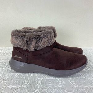 Skechers Women's Goga Mat Chocolate Brown Faux Fur Trim Ankle Boots Comfort Cozy